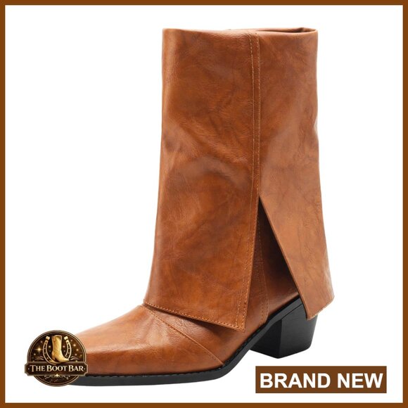 Square Toe Mid Calf Boots Chunky Heel Fold Over Pull On Fashion Boots